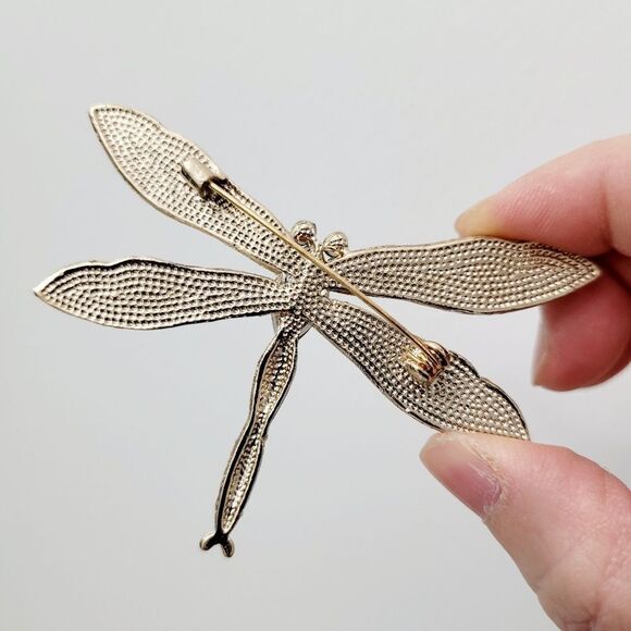Brand New Gold Tone Silver & Blue Dragonfly Rhinestone Brooch Pin - Picture 6 of 8